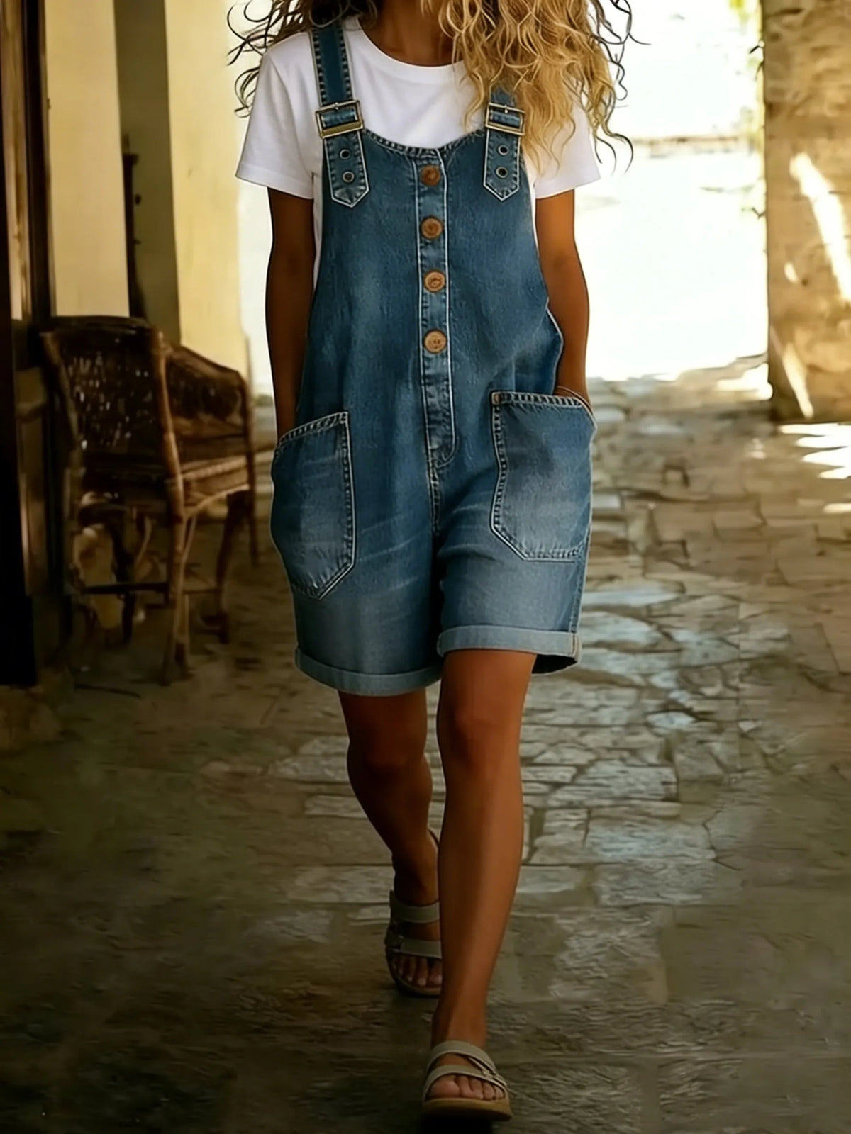 Women's Y2K Denim Shortalls Button Front Wide Leg Loose Bib Jean Overalls Shorts Romper Jumpsuits Vintage