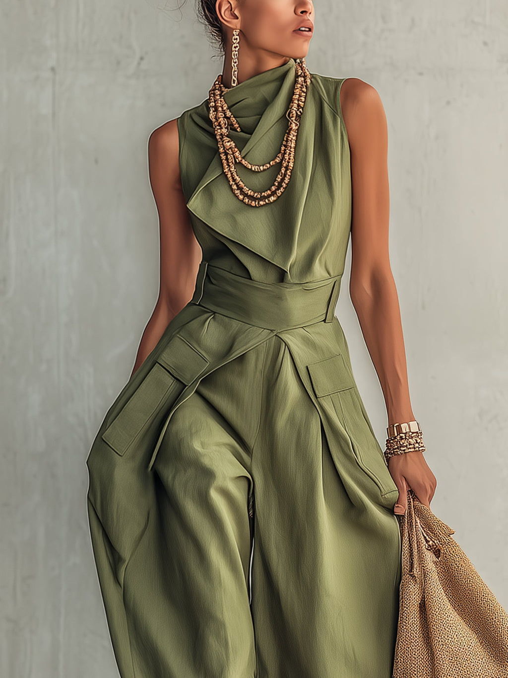 Soft Sage Linen Blend Sleeveless Jumpsuit