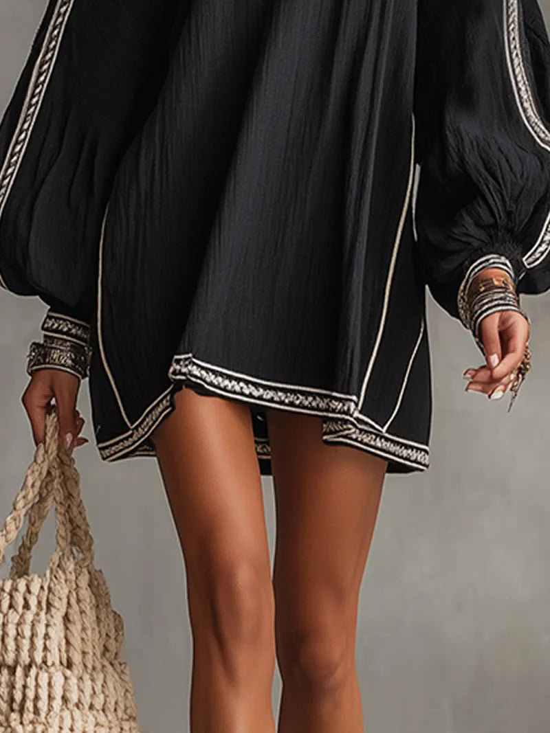 Black Boho Cold Shoulder Lantern Sleeve Linen Mini Dress