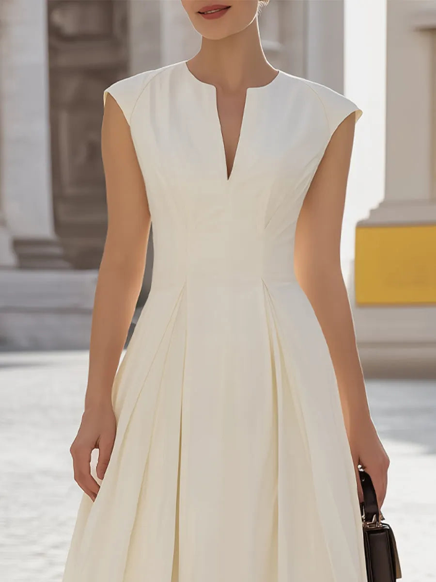 Notch-Neck Cap-Sleeve Pleated A-Line Midi Dress
