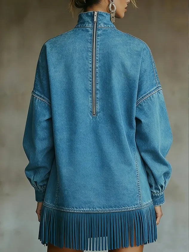 Women Casual Denim Blue Mini Dress Turtleneck H-Line Fall Daily
