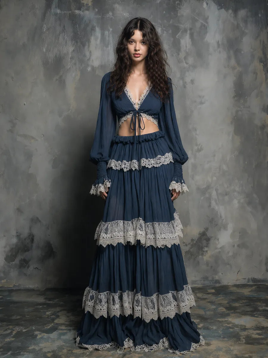 Women's Bohemian-Style Vintage Romantic Deep Navy Blue Lace-Trimmed Tiered Maxi Skirt And Cropped Top Set MDZ2220D5ZJW