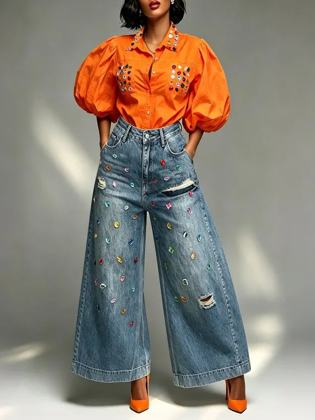 Cotton Casual 3D Printing Gemstone Pattern Shirt Collar Puff Sleeve Shirt