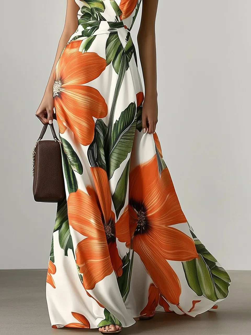 Orange Floral Satin V Neck Sleeveless A-Line Maxi Dress With Pockets