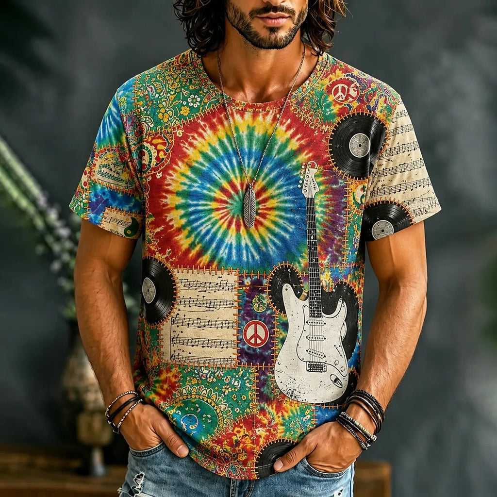 Men's Hippie Tie Dye Sheet Music Guitar Patchwork Print T-shirt