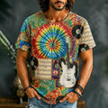 Men's Hippie Tie Dye Sheet Music Guitar Patchwork Print T-shirt
