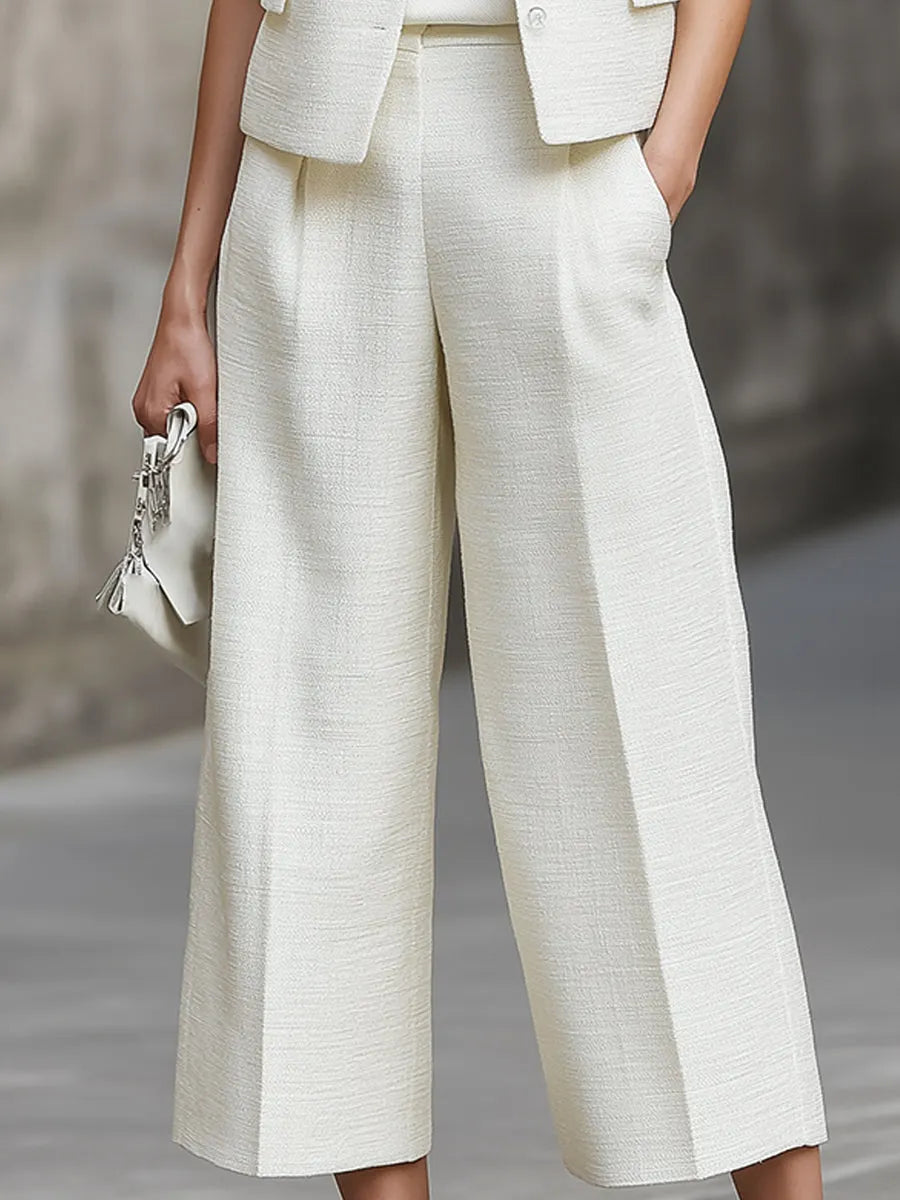 Minimalist Structured Sleeveless Mandarin Collar Vest And Wide-Leg Cropped Pants Set