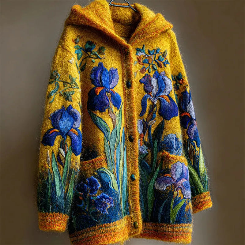 Elegant Irises Felt Embroidered Cozy Knit Hooded Cardigan
