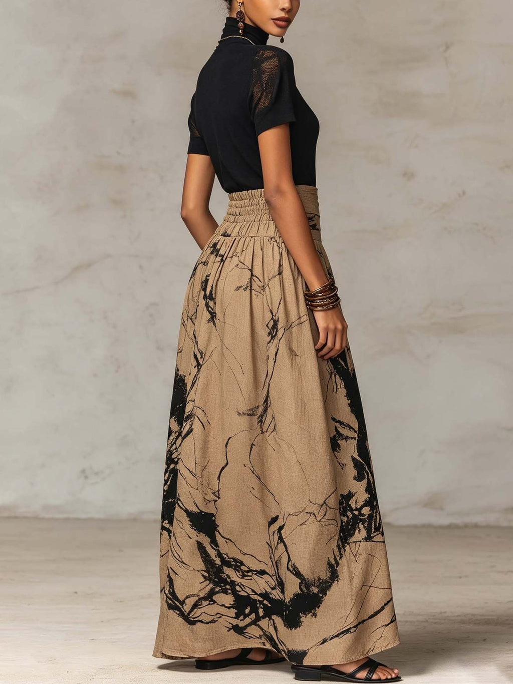 Black Mock Neck Top And Abstract Print Maxi Skirt Set With Sheer Lace Sleeves