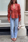 Women Cut Leather Short Jacket or Light Blue Fringed Straight Leg Jeans