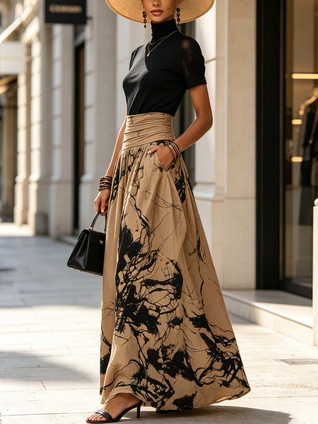 Black Mock Neck Top And Abstract Print Maxi Skirt Set With Sheer Lace Sleeves