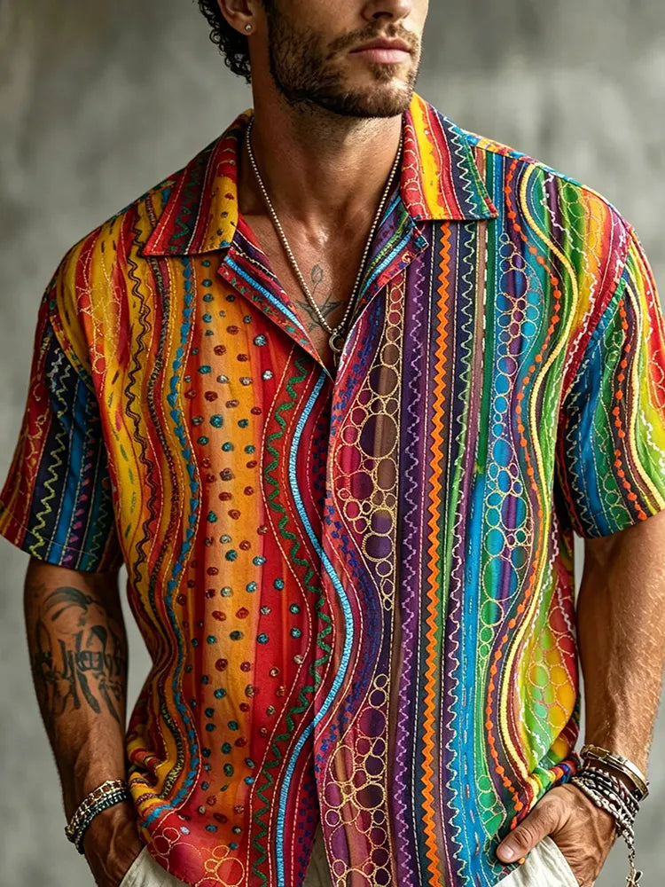 Men's Hippie Style Colorful Curved Line And Rhinestone Art Patchwork Art Short Sleeve Shirt