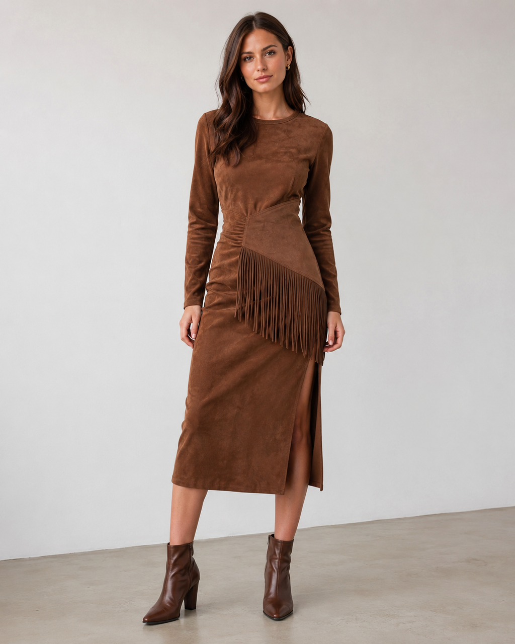 Brown Suede Asymmetric Fringe Midi Dress
