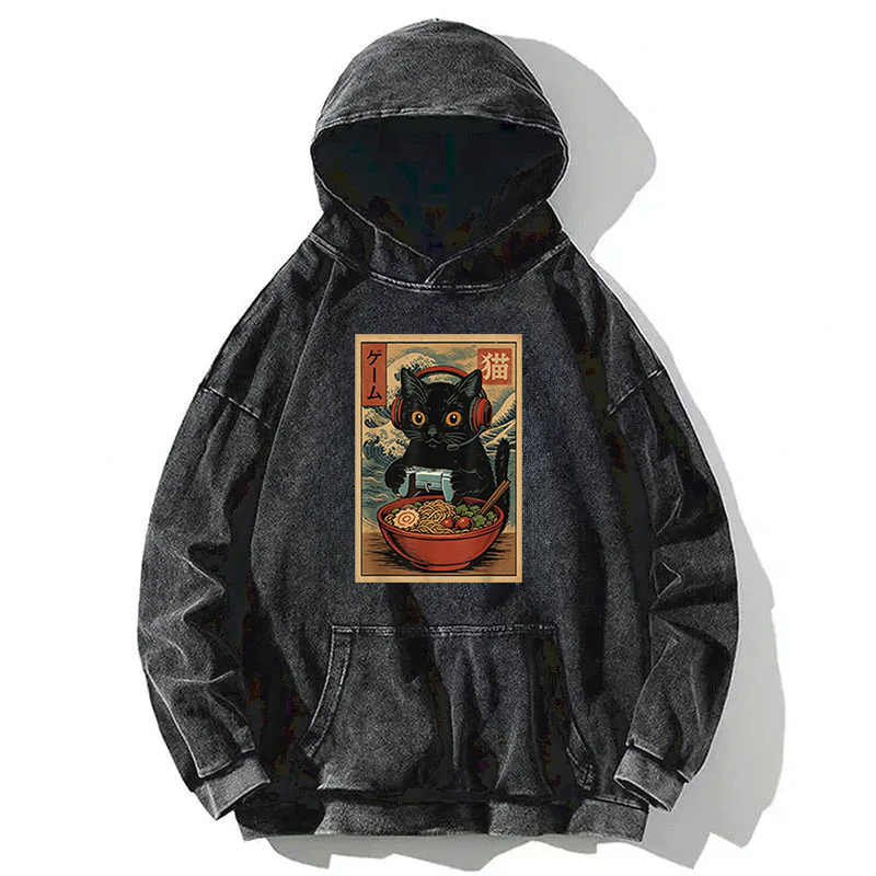Cute Kawaii Gamer Cat Washed Hoodie