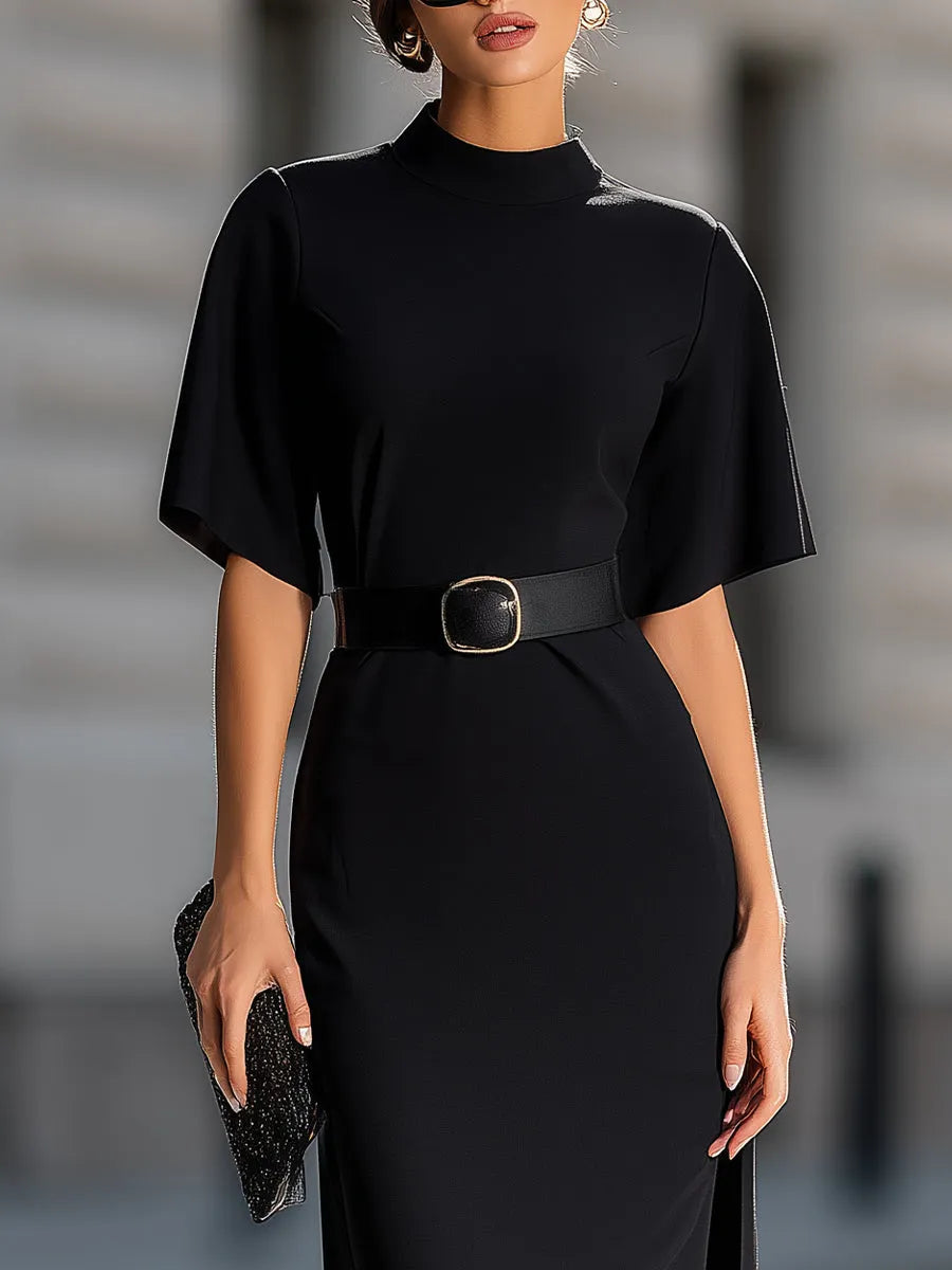 High Neck  Sleeve Belted Sheath Dress With Side Slit