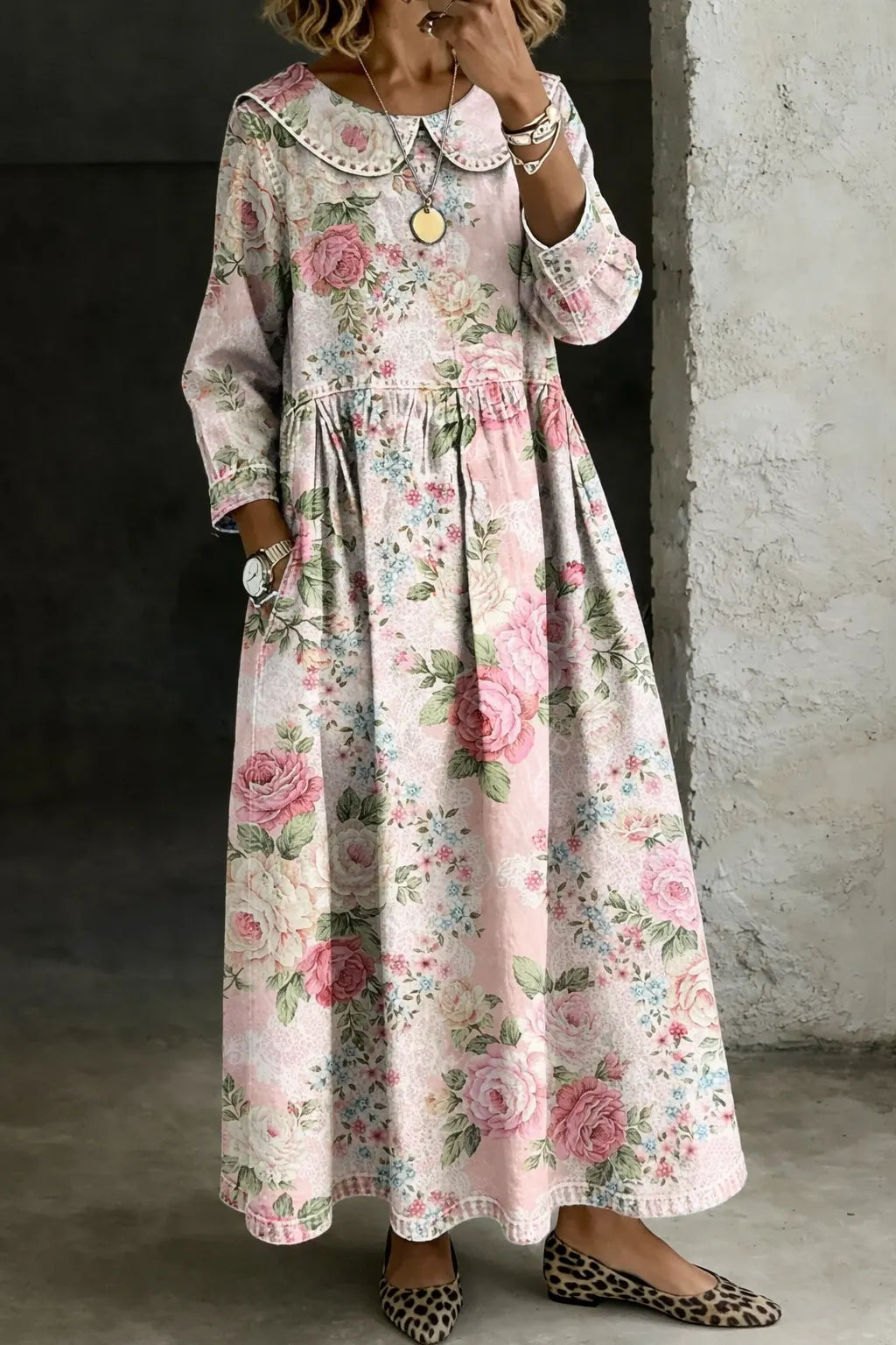 Denim Dress with Floral Collar for Women | Classic Shirt Dress