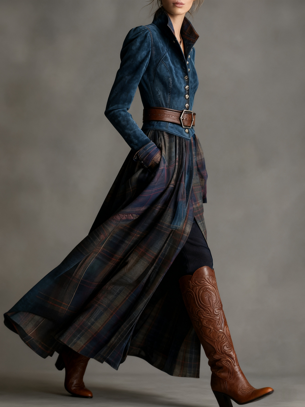 Retro Ethnic Style Blue Faux Suede Plaid Maxi Dress