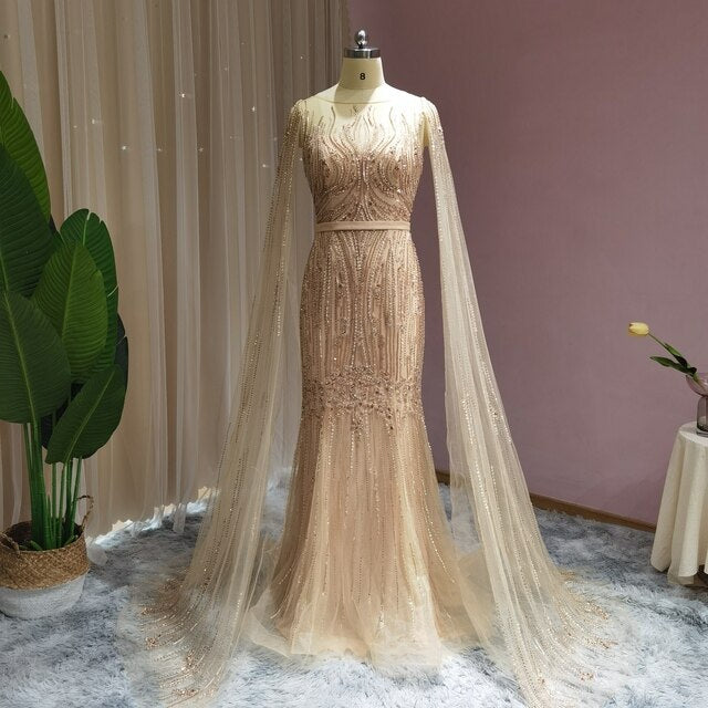 Dreamy Vow Luxury Dubai Pink Mermaid Evening Dress with Cape Sleeve Arabic Gold Formal Dresses for Women Wedding Party 024