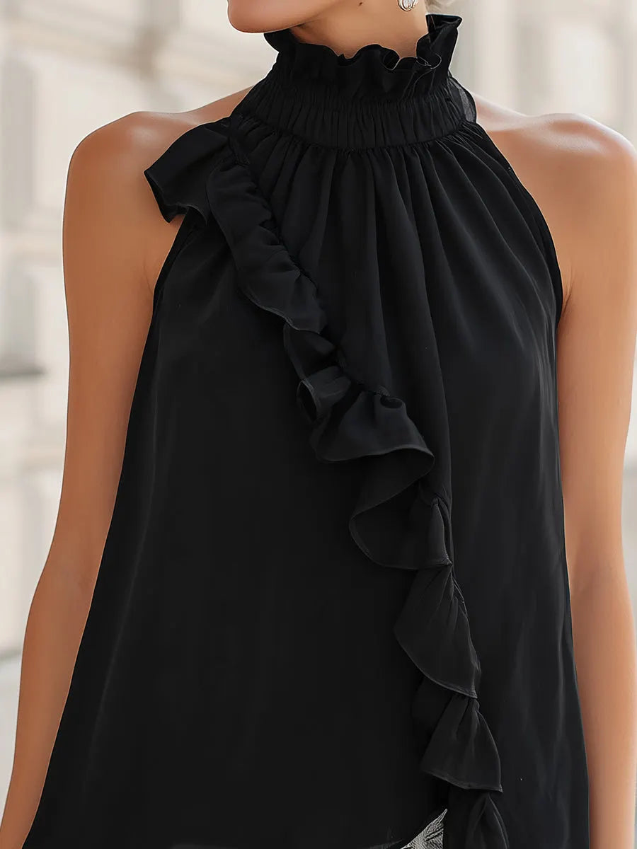 Elegant Ruffle Trim High Neck Halter Chiffon Blouse