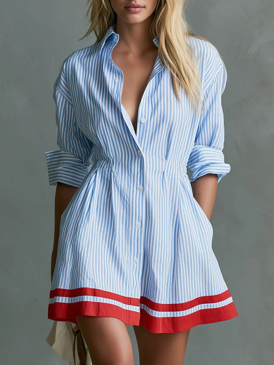 Retro-style Color-blocked Trim Blue Striped Long-sleeved Collared Cotton Mini Dress