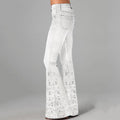 Boho Floral Hollow Embroidered Washed Flare Jeans