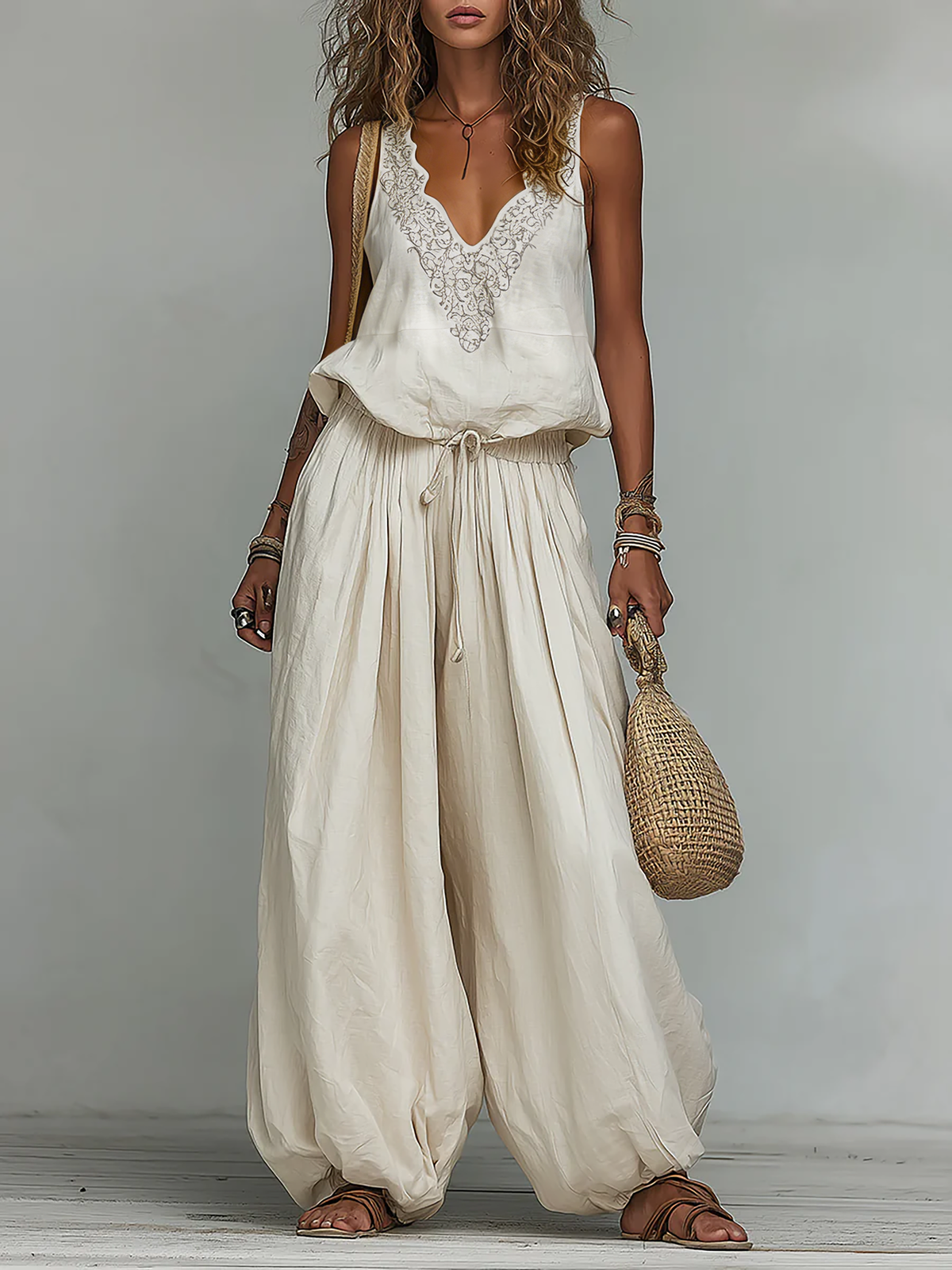 Boho Embroidered Vest & Balloon Pants Set