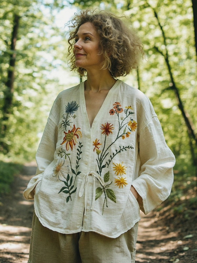 Women's Flower Embroidered Cotton Linen Kimono
