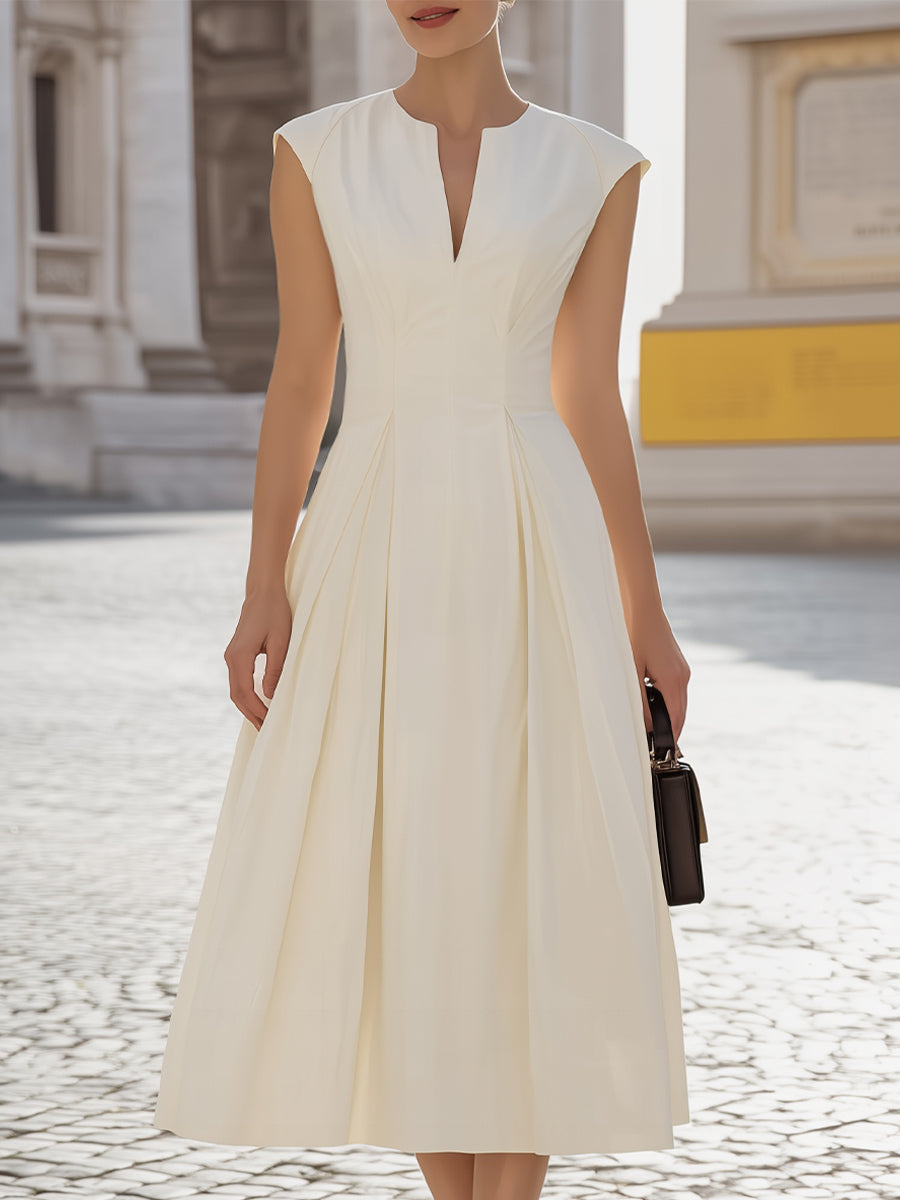 Notch-Neck Cap-Sleeve Pleated A-Line Midi Dress