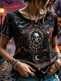 Women's Gothic Skull And Roses Graphic Short Sleeve T-shirt