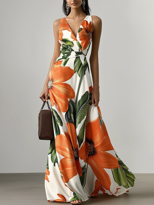 Orange Floral Satin V Neck Sleeveless A-Line Maxi Dress With Pockets