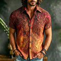 Men Retro Paisley Textured Embroidery Button Up Shirt, Bohemian Western Cowboy Short Sleeve Summer Travel Top