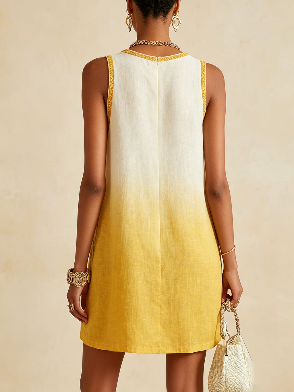 Yellow Ombre Sleeveless Mini Dress With Floral Embroidery