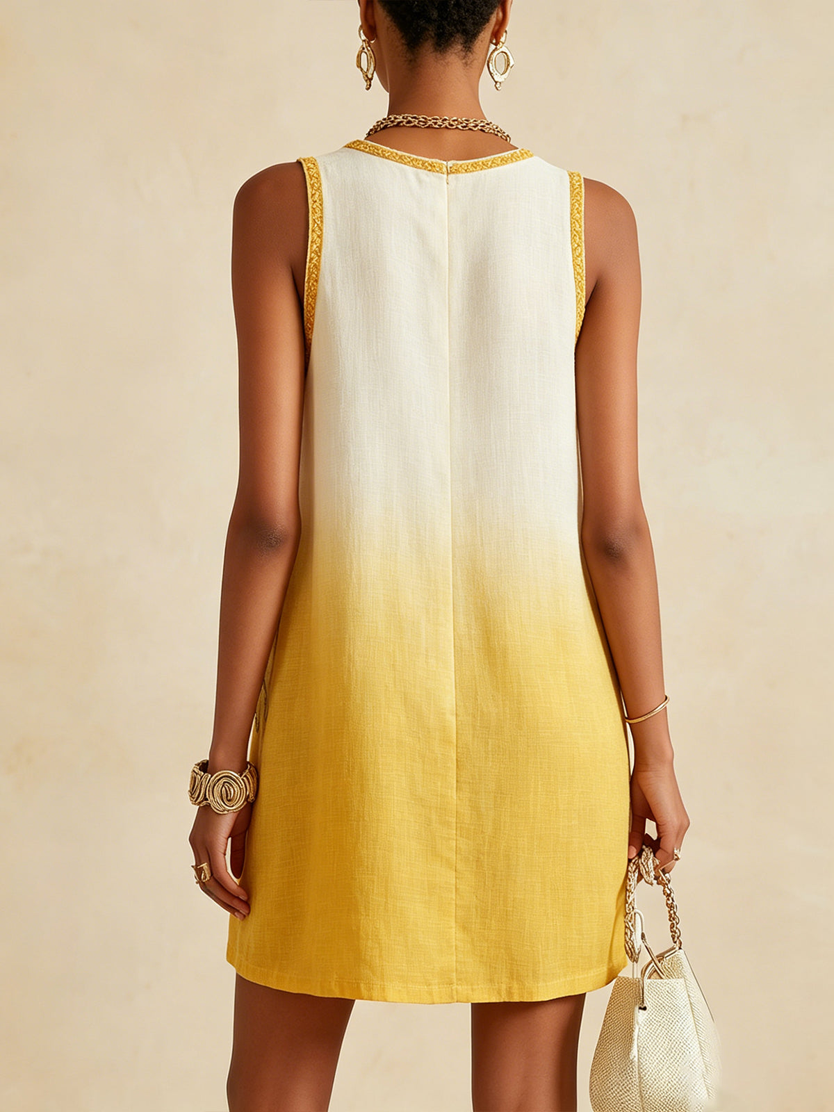 Yellow Ombre Sleeveless Mini Dress With Floral Embroidery