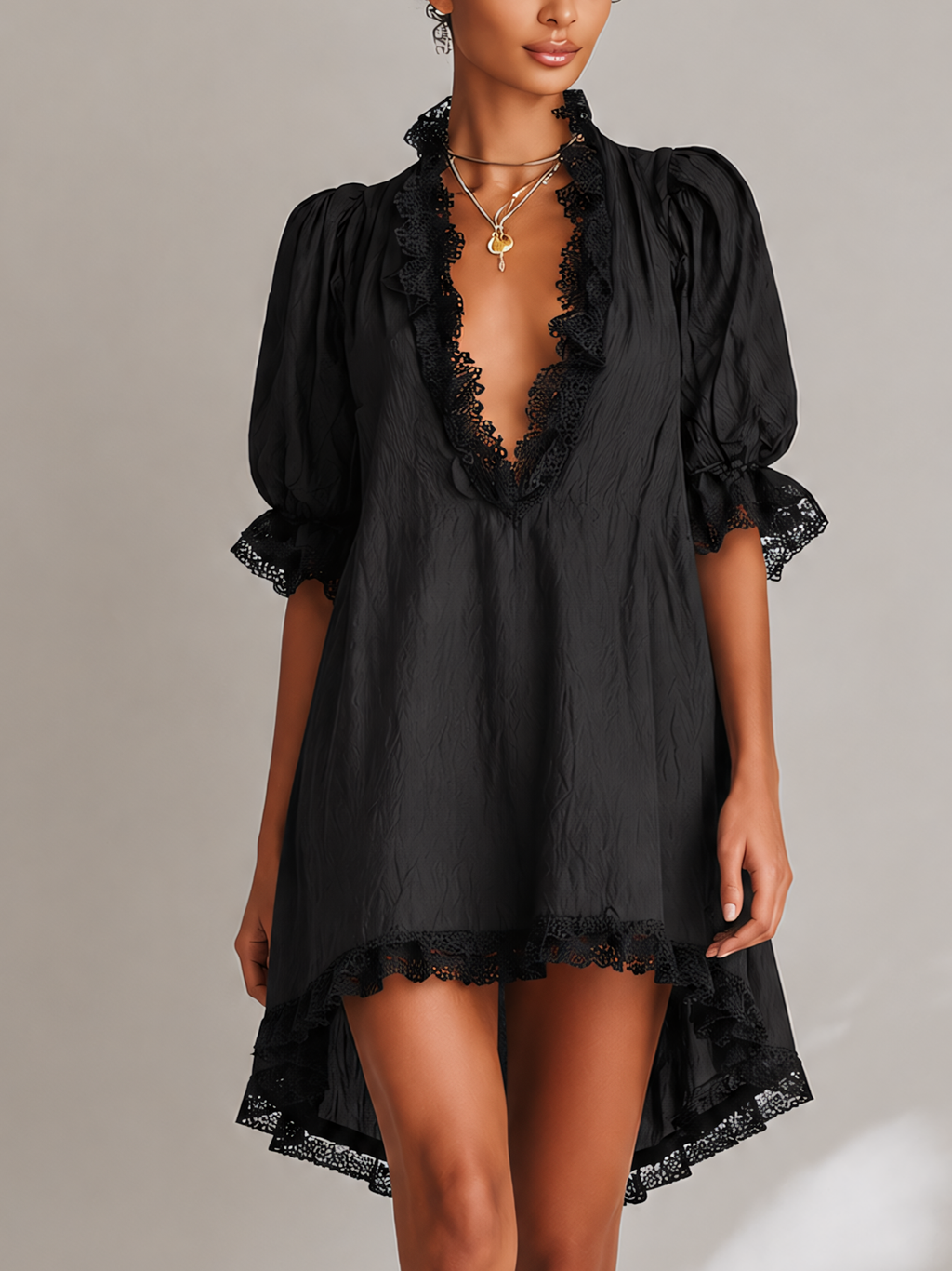 Black Textured Lace Trim Irregular Hem Puff Sleeve Mini Dress
