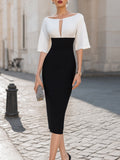 Contrast Panel Keyhole Neckline Fitted Midi Dress