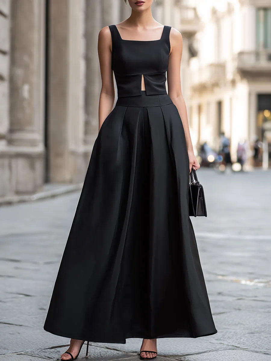 Square Neck Cutout Waist Structured A-Line Midi Dress
