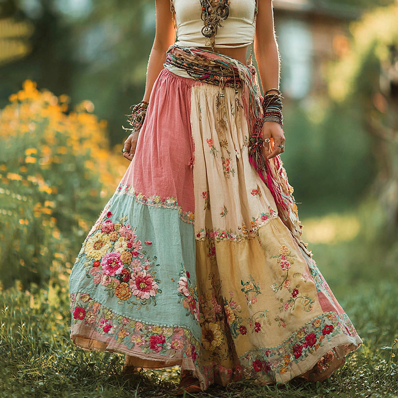 Women's Retro Bohemian Floral Stitching Casual Skirt