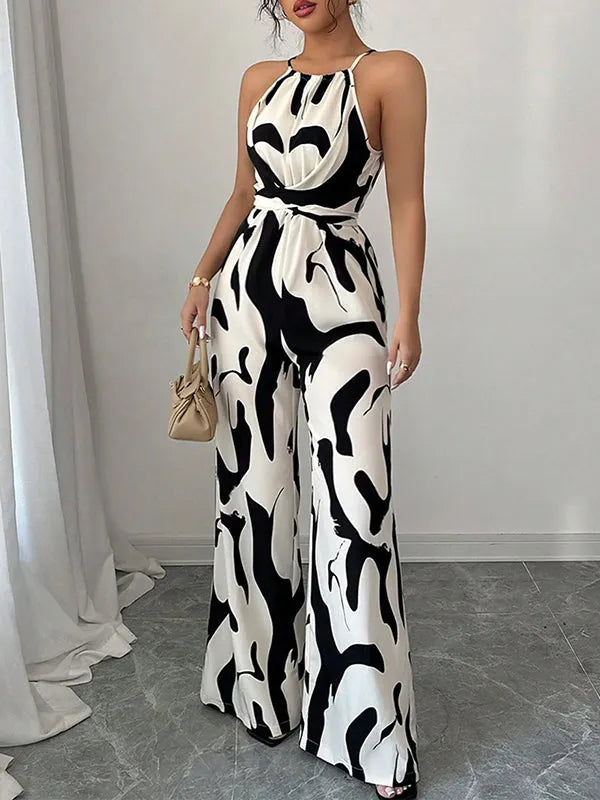 Loose Sleeveless Contrast Color Pleated Spaghetti-Neck Jumpsuits