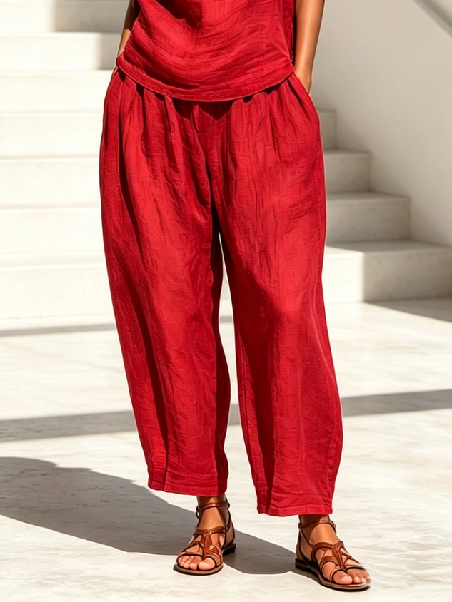 Linen Casual Plain Distressing Baggy Pants