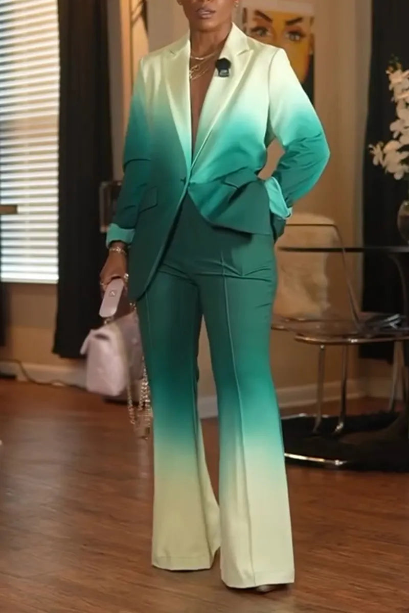 Women Collar Gradient Jacket+ Wide Leg Pants Temperament Commuting Formal Suit
