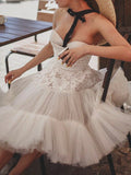Elegant Bandeau Embroidered Backless See-Through A-Line Wedding Mini Dress