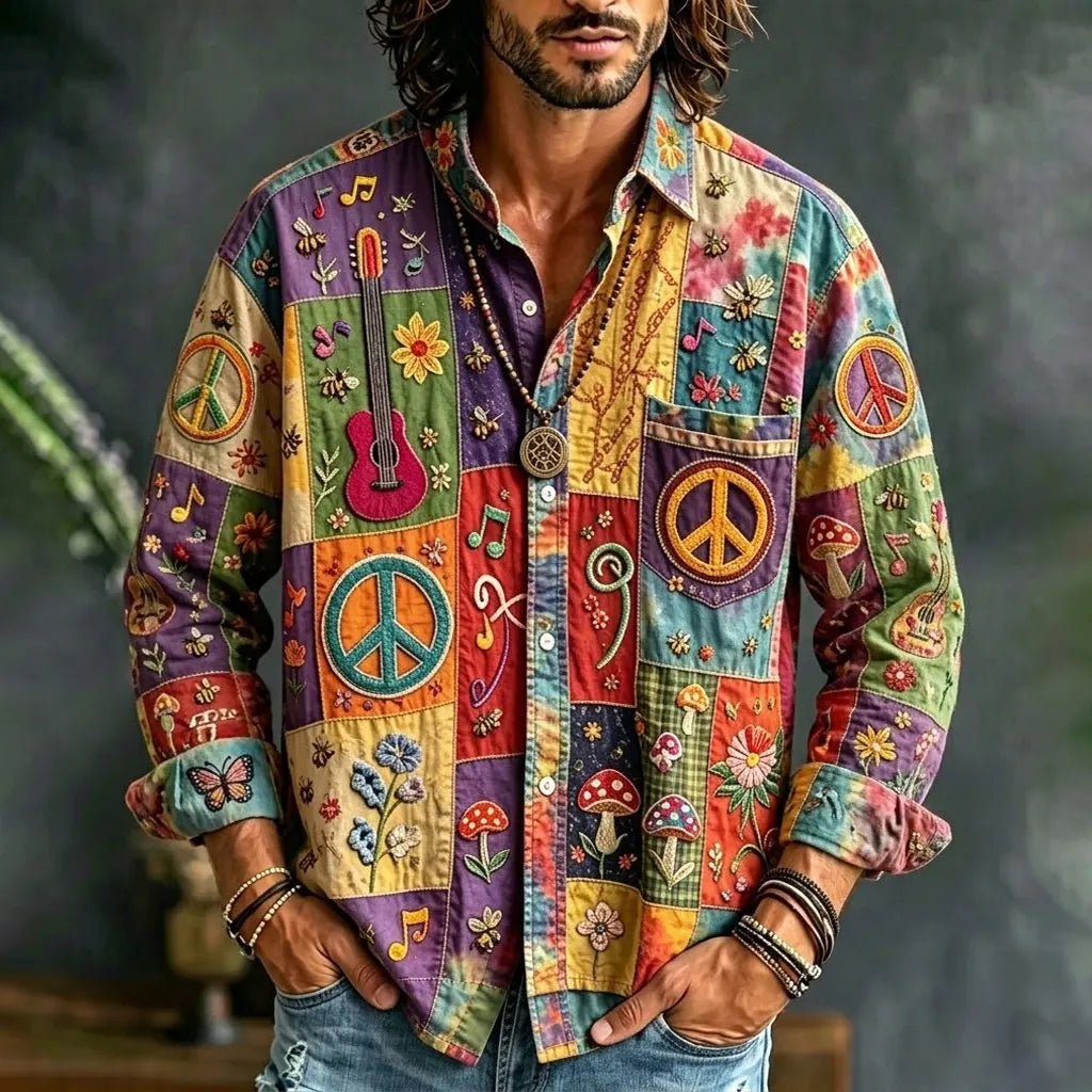 Men's Peace Sign And Guitar Hippie Patchwork Print Long Sleeves Shirt