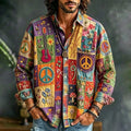 Men's Peace Sign And Guitar Hippie Patchwork Print Long Sleeves Shirt