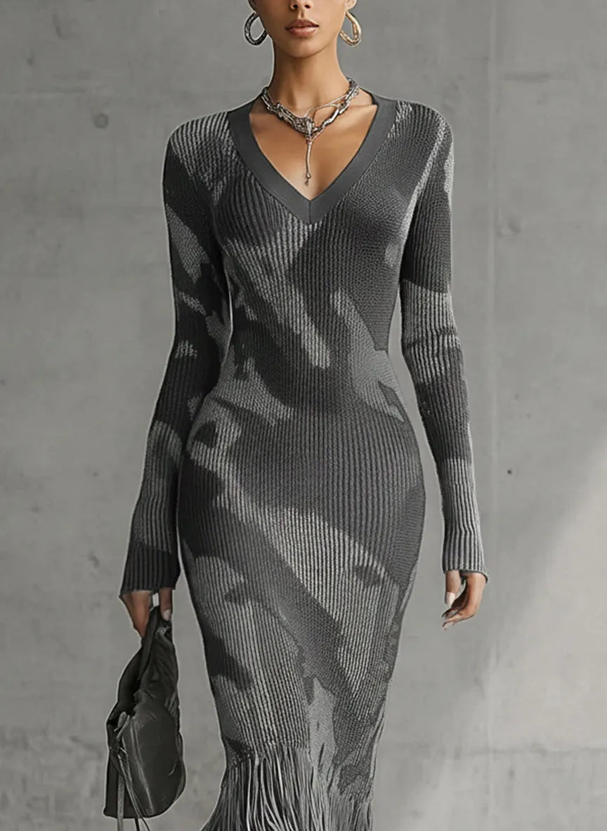 Yohers Olive Camo Knit V-Neck Fringe Hem Bodycon Dress