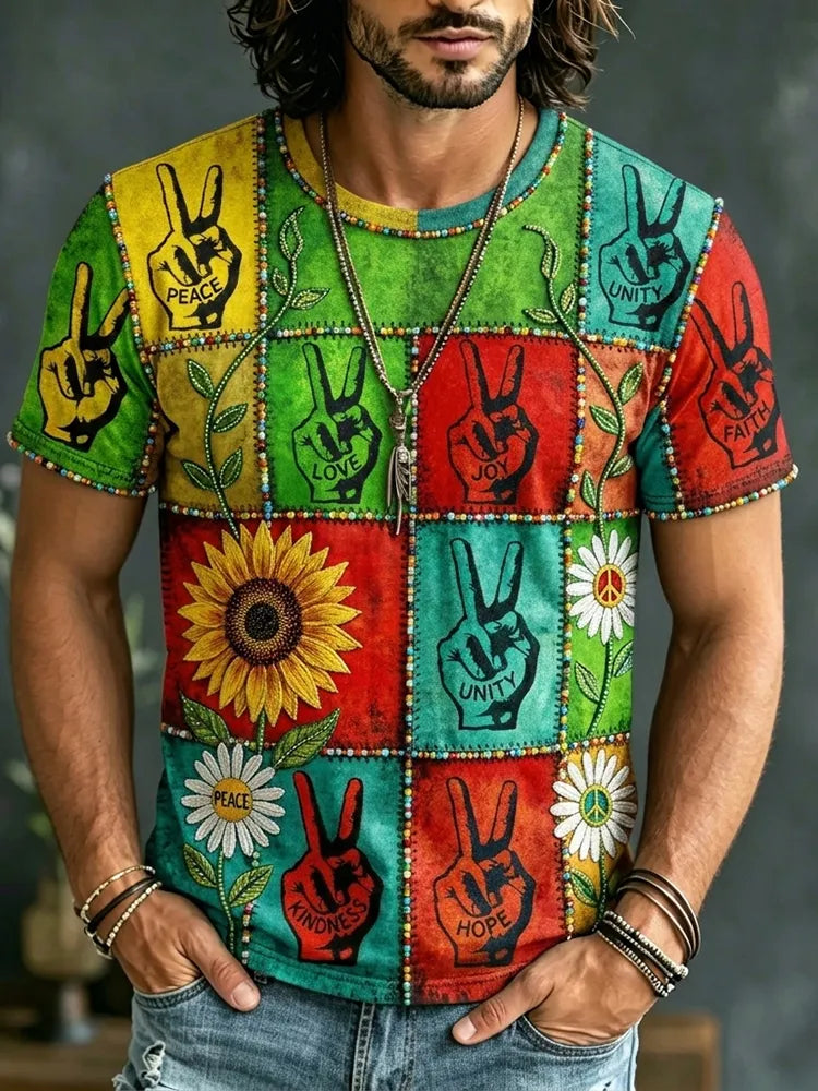 Men's Retro Hippie Peace Pattern Casual Short-sleeve T-shirt