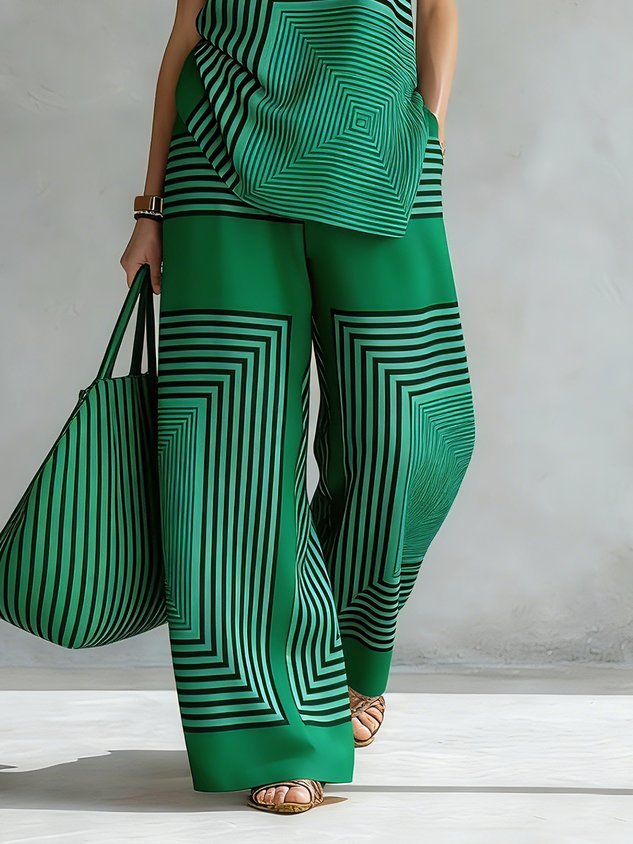 Urban Geometric Stripe Wide Leg Pants High Waist Flowy Office Trousers