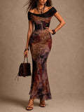 Off Shoulder Vintage Floral Mesh Ruched Mermaid Maxi Dress