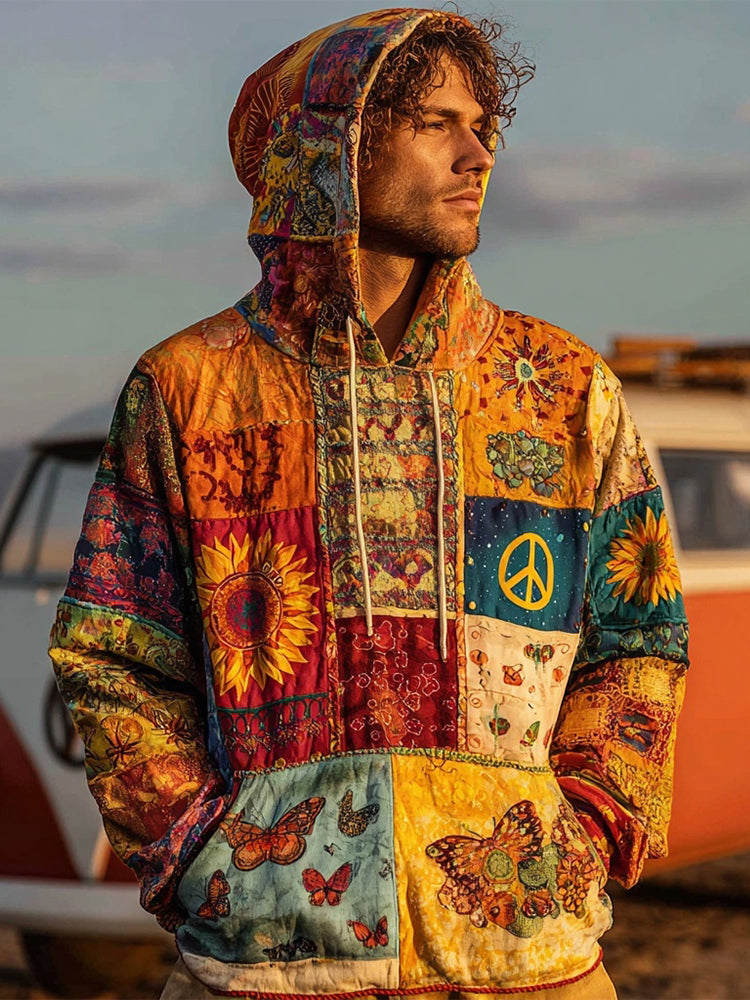Men's Boho Hippie Peace Sign Patchwork Comfy Hoodie