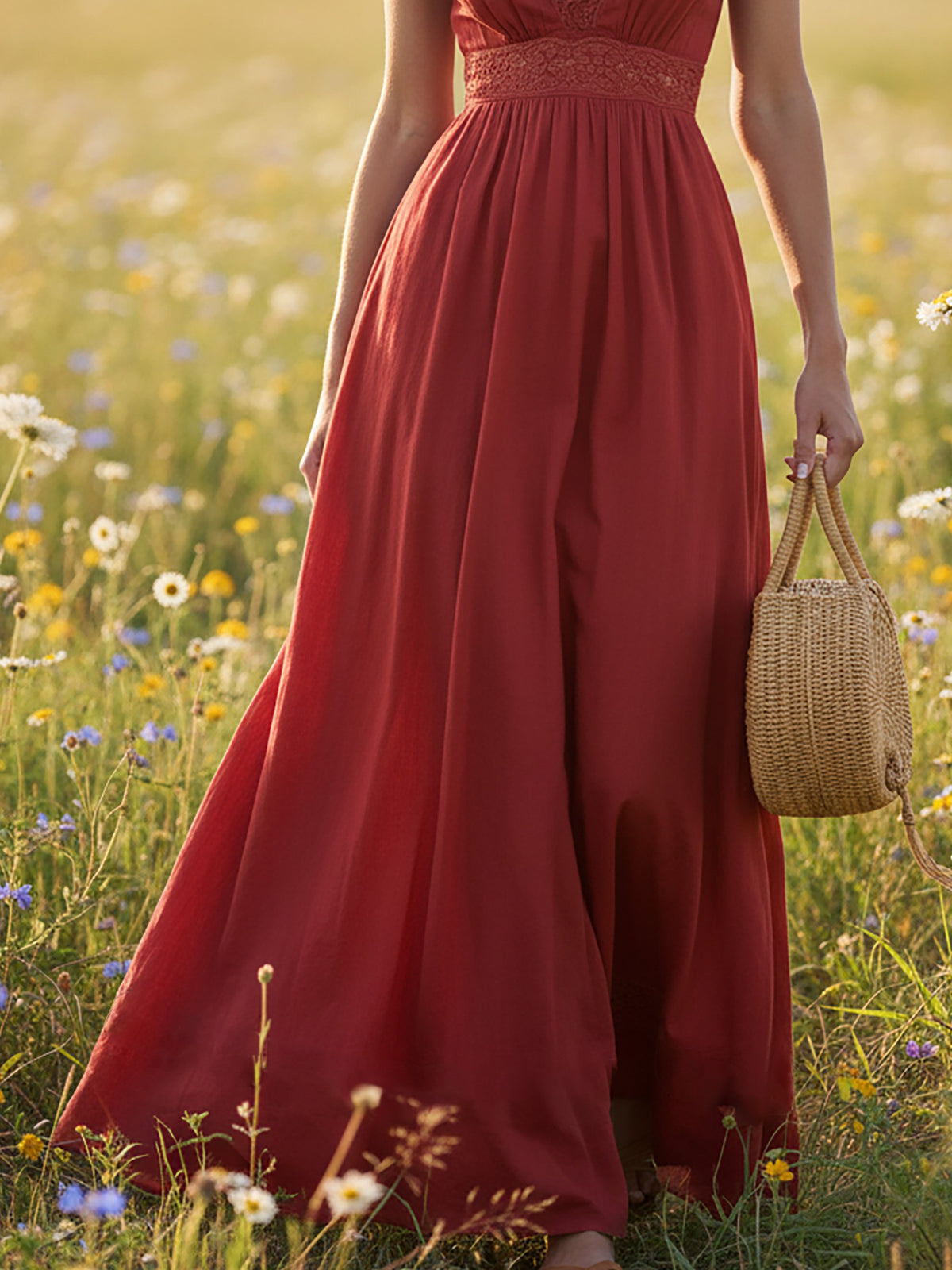 Maxi Linen Dress, Sleeveless, V Neck, Lace, Vacation, Vintage, Red