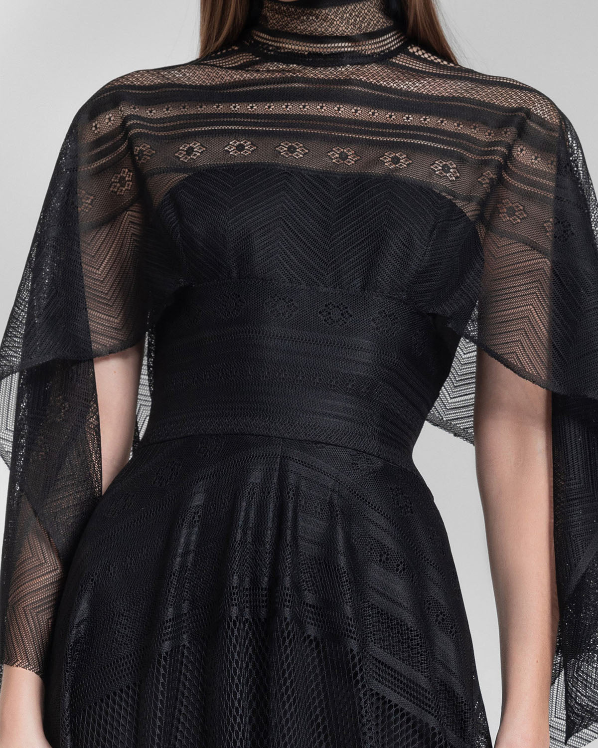 High Collar And Asymmetrical Cape Like Sleeves Lace Maxi Dress